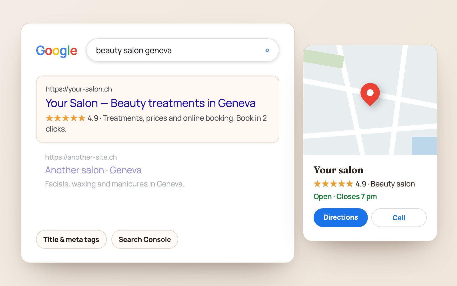Example of a Google search result and Google Maps profile