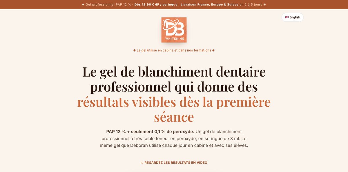 Page produit du gel de blanchiment dentaire DB Whitening